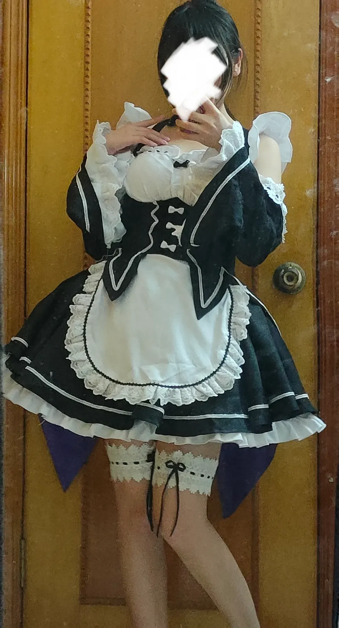二次元, cosplay, 女仆装, 对镜自拍, 蕾丝吊带袜