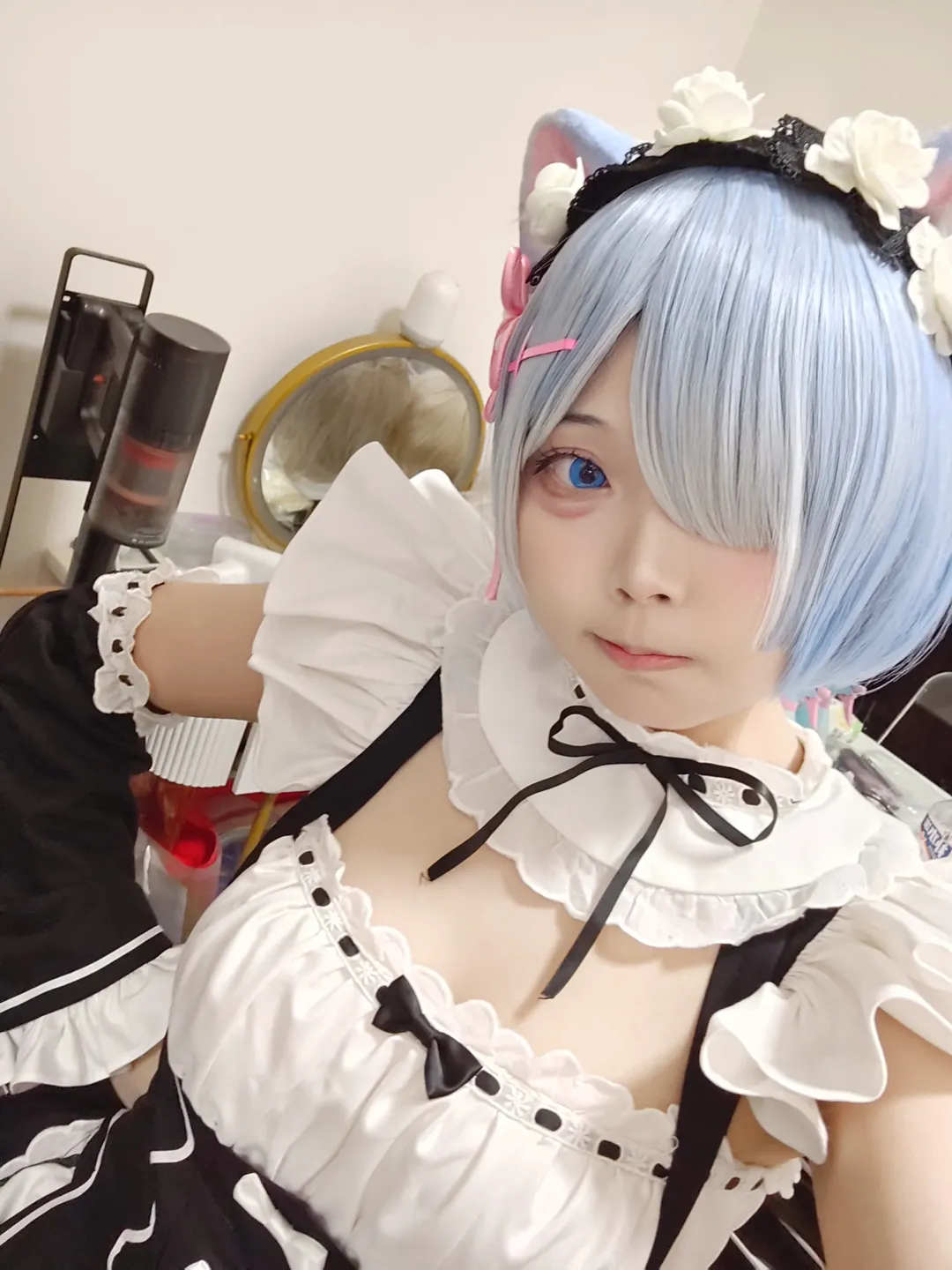 二次元, 猫耳, 女仆装, 蕾姆cos, 对镜自拍