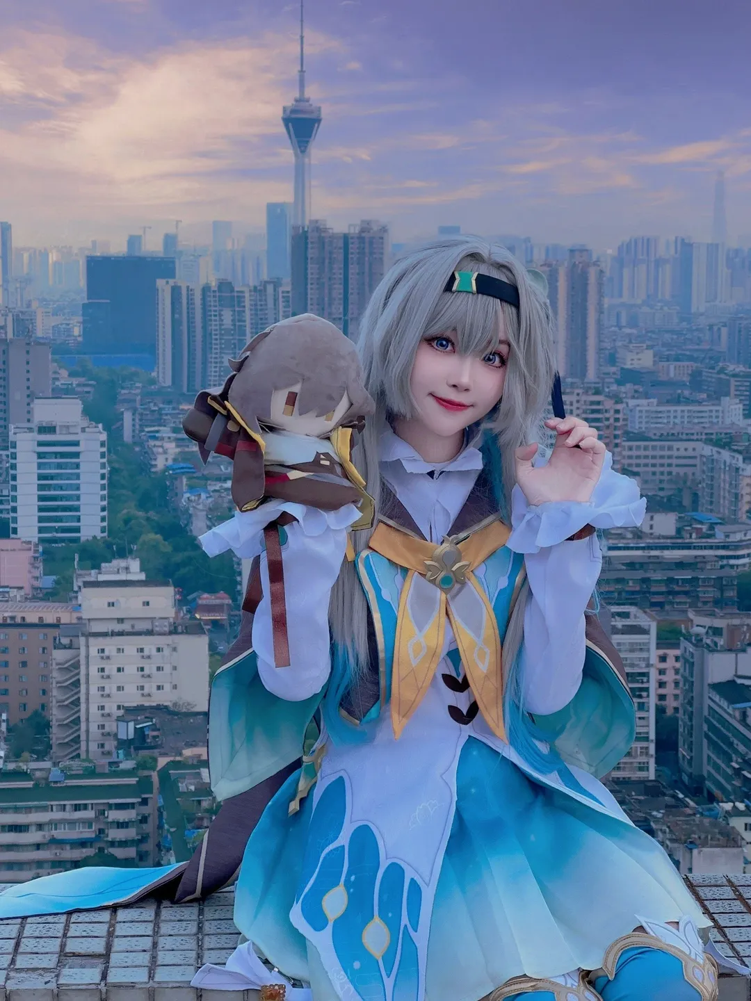 Honkai: Star Rail, Firefly cosplay, Casual cosplay, Mecha girl style, Rooftop photoshoot
