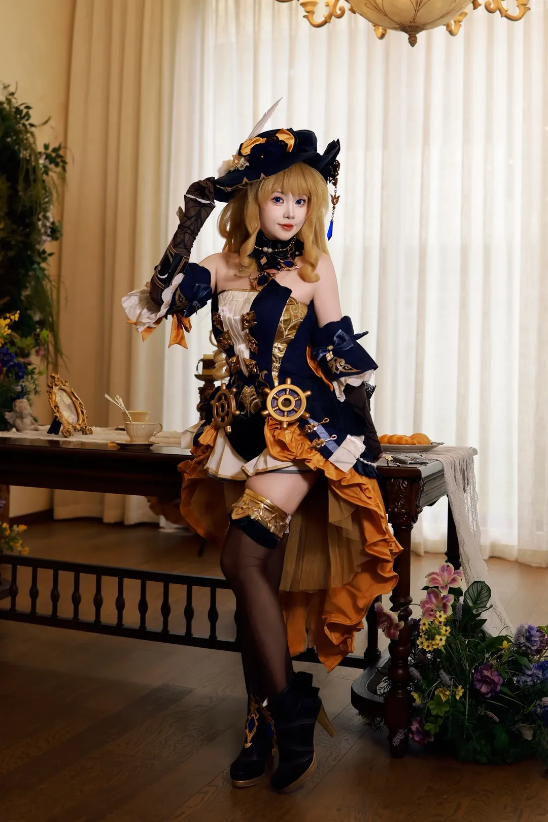 Genshin Impact, Navia cosplay, Black tights outfit, Genshin Impact cosplay, Anime convention photos