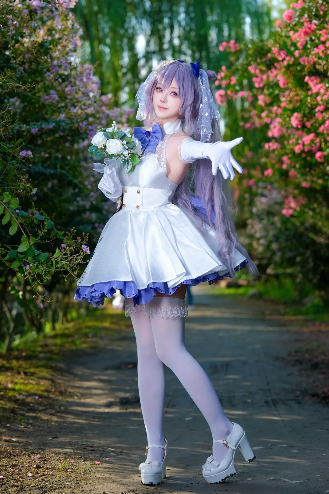 Genshin Impact, Outdoor photography, White thigh-highs outfit, Cosplay daily life, Keqing bride cosplay - Image 1