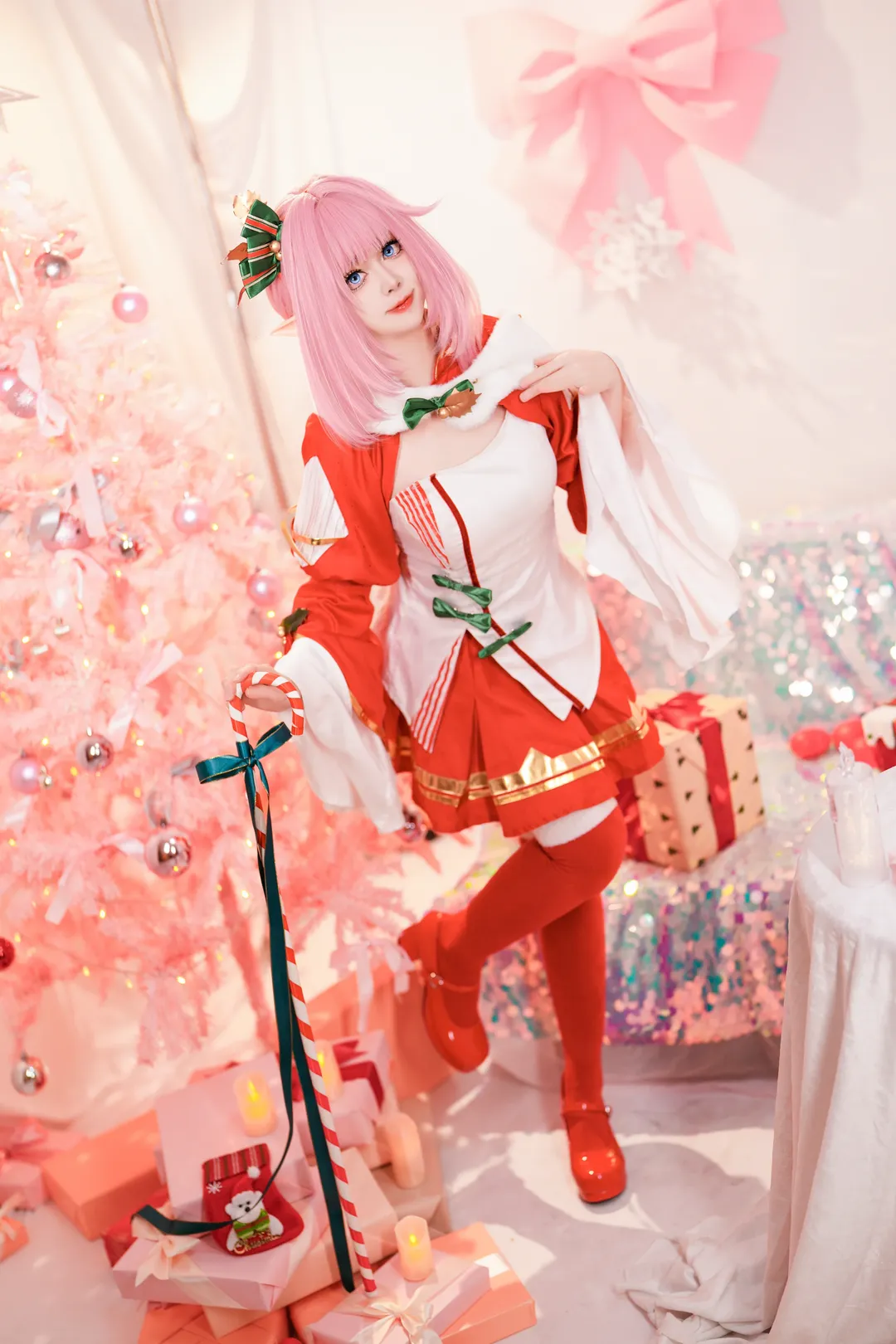 エリシア コスプレ, 崩壊 3rd, エルフ耳, 赤いストッキング, クリスマス衣装コスプレ