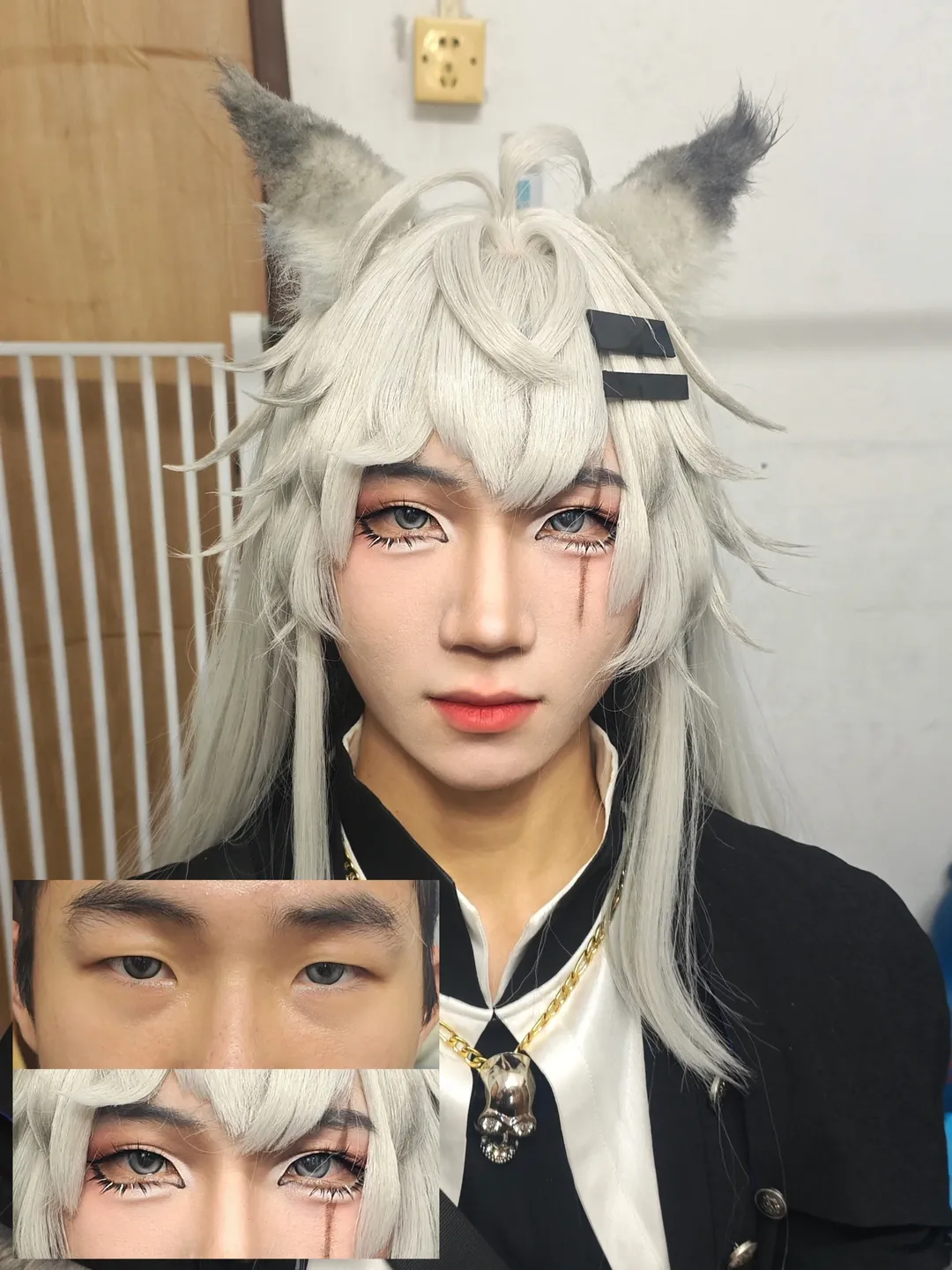 明日方舟, 拉普兰德cos, 狐狸眼眼妆, 男生cosplay, 白发兽耳假发