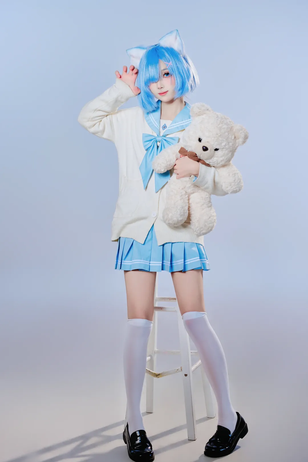 二次元, Re:ゼロから始める異世界生活, レム コスプレ, 白ストッキング, JK制服
