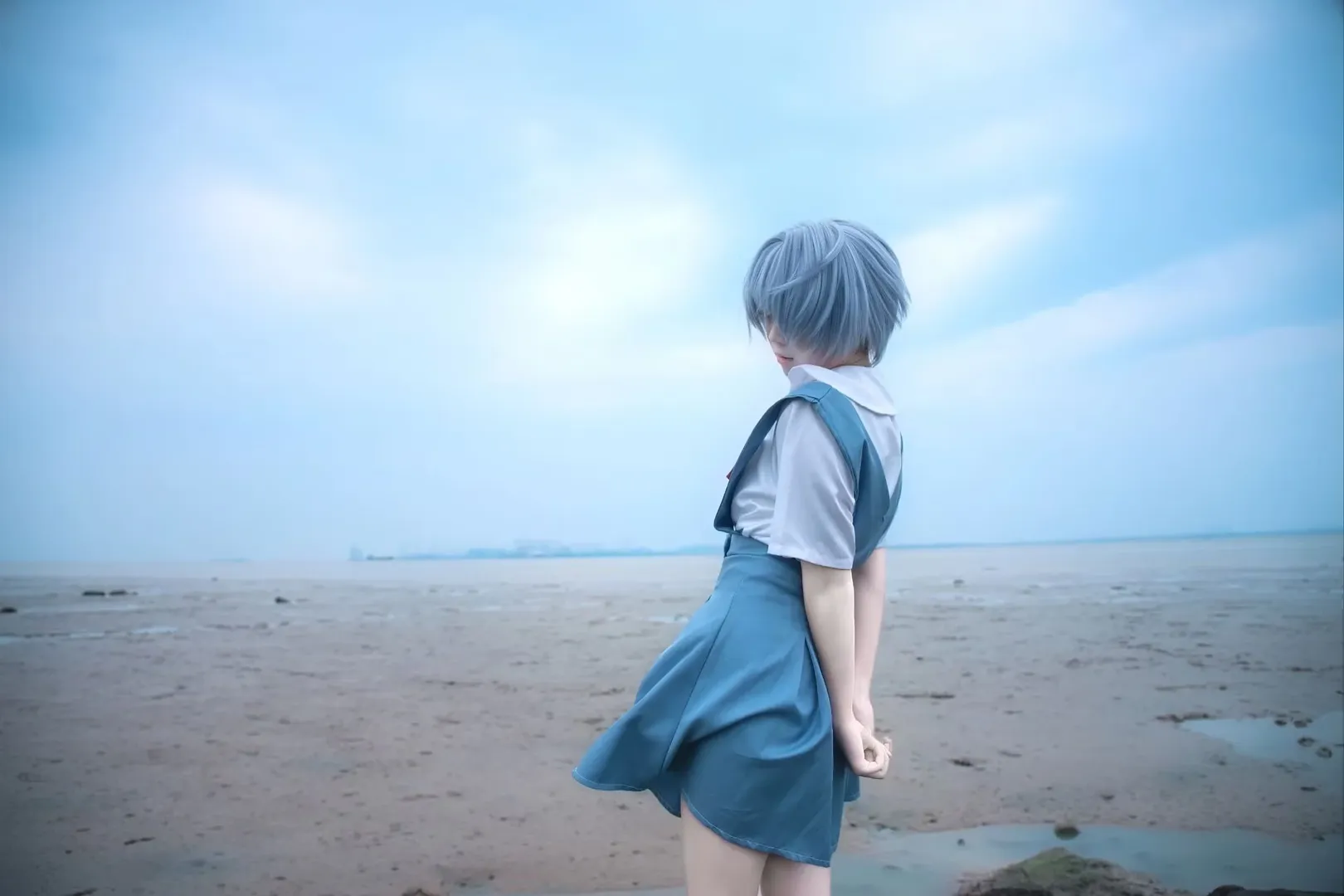 JK uniform, Rei Ayanami cosplay, Neon Genesis Evangelion, Seaside photoshoot, Stockings - Image 1