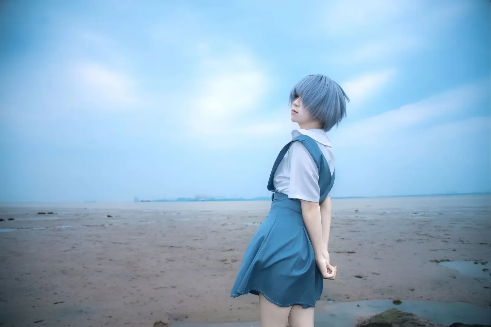 JK uniform, Rei Ayanami cosplay, Neon Genesis Evangelion, Seaside photoshoot, Stockings - Image 2