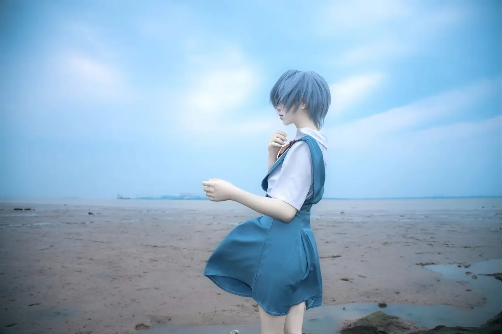 JK uniform, Rei Ayanami cosplay, Neon Genesis Evangelion, Seaside photoshoot, Stockings - Image 3