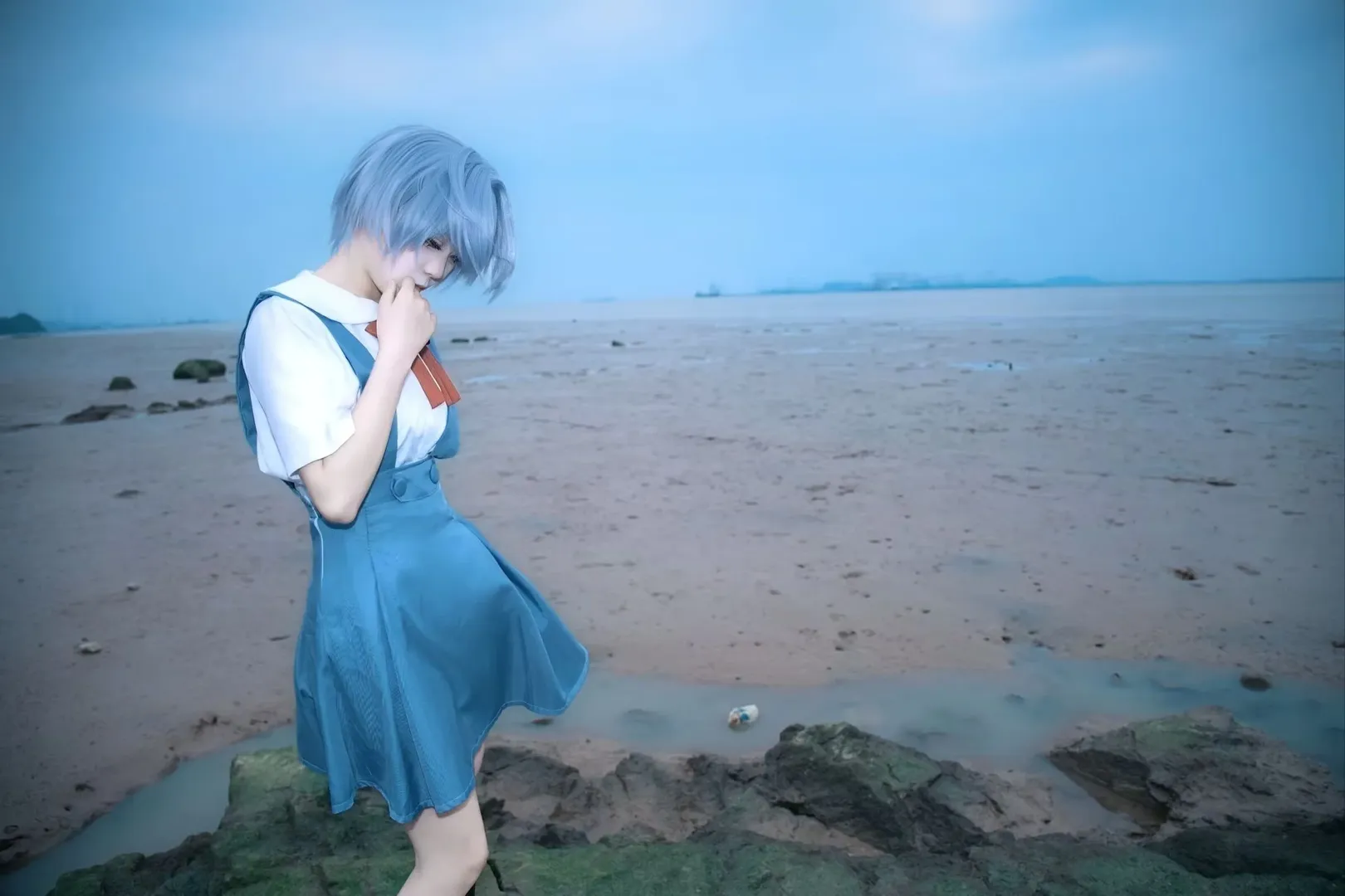 JK uniform, Rei Ayanami cosplay, Neon Genesis Evangelion, Seaside photoshoot, Stockings - Image 4