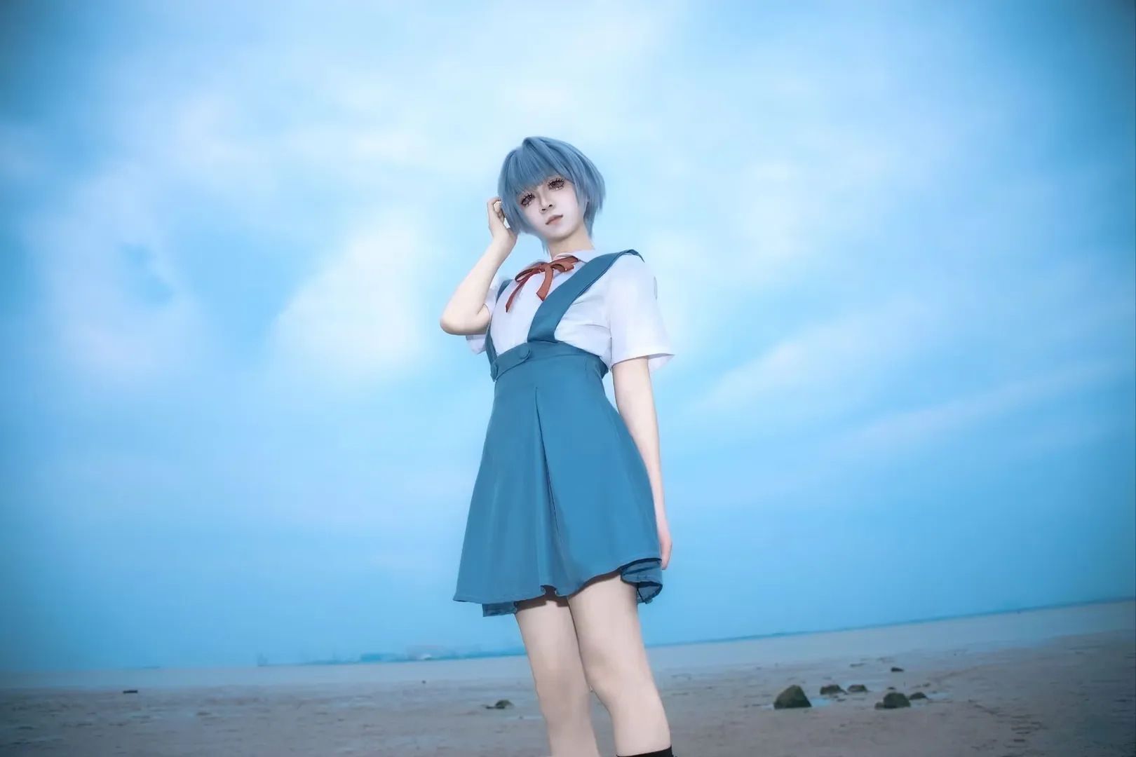 JK uniform, Rei Ayanami cosplay, Neon Genesis Evangelion, Seaside photoshoot, Stockings - Image 6