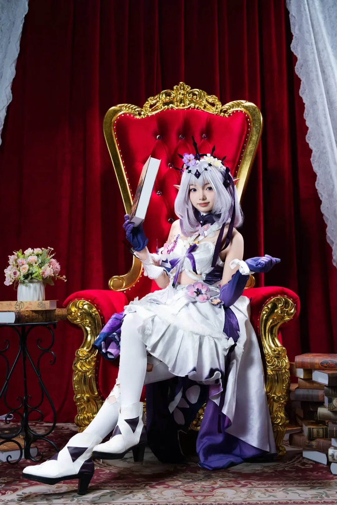 Anime-style photography, White thigh-highs outfit, Elf ear makeup and styling, Honkai: Star Rail cosplay, Red chair photoshoot