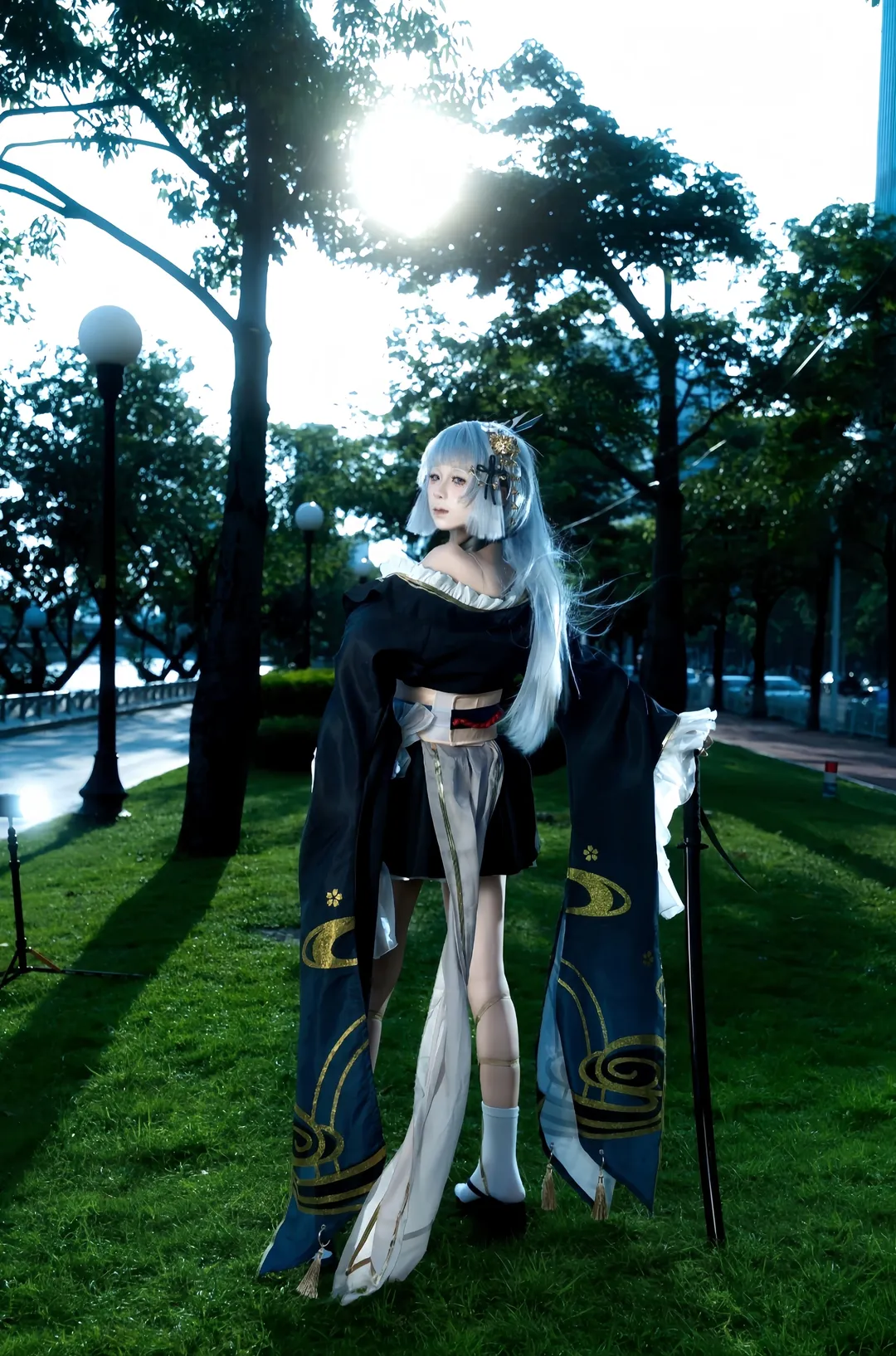 原神, 神里绫华cos, 黑道千金主题cos, 二次元户外摄影, 绑带及膝袜 - 第6张