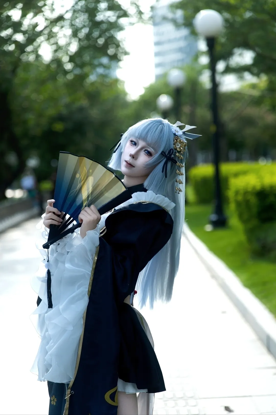 原神, 神里绫华cos, 黑道千金主题cos, 二次元户外摄影, 绑带及膝袜 - 第8张