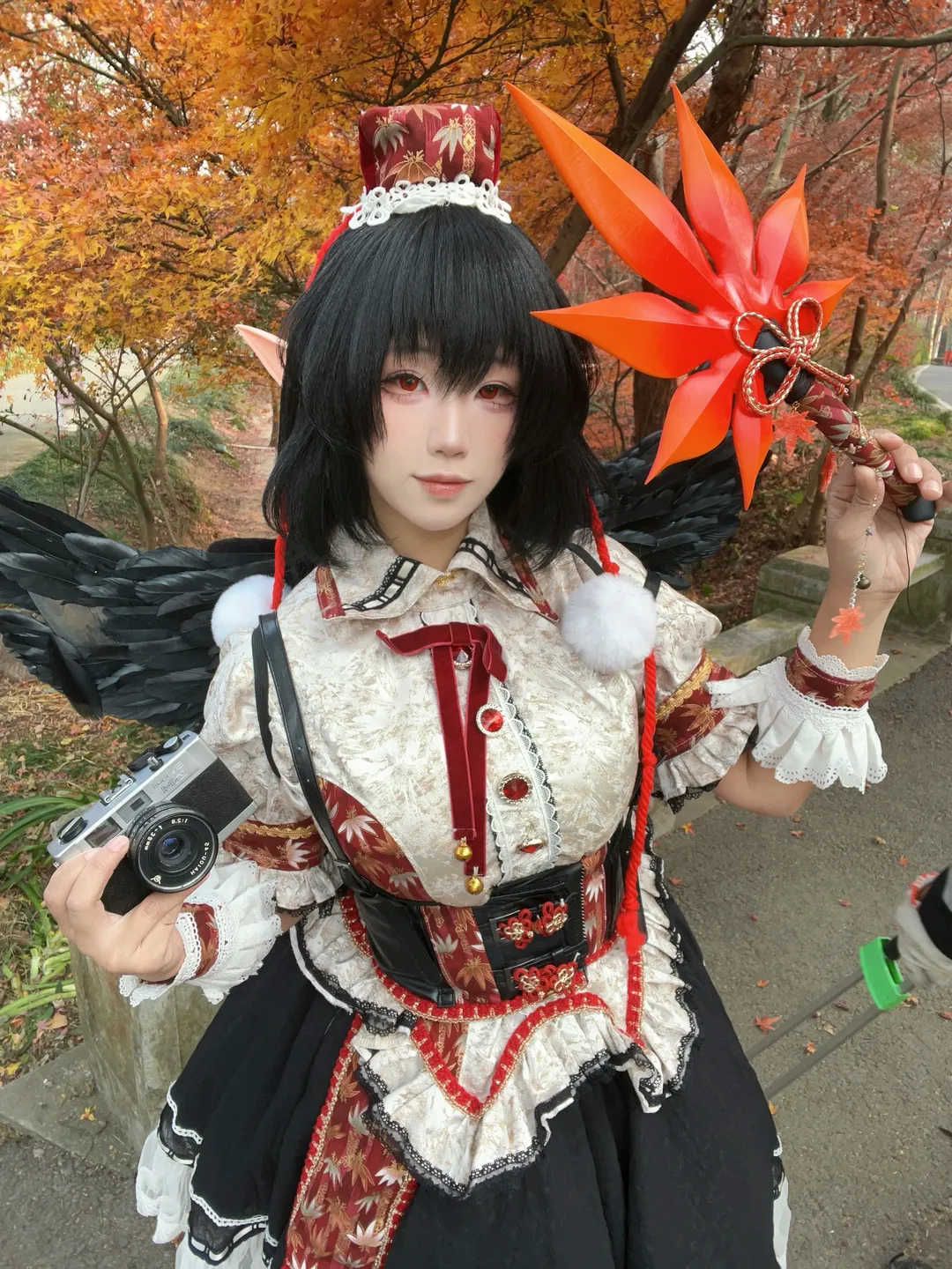 东方Project, 射命丸文cos, cosplay分享, 枫叶林外景, 摄影幕后