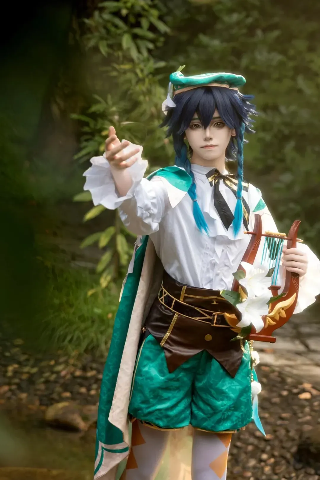 Genshin Impact, Forest photography, White stockings, Outdoor photoshoot, Venti cosplay - Image 1