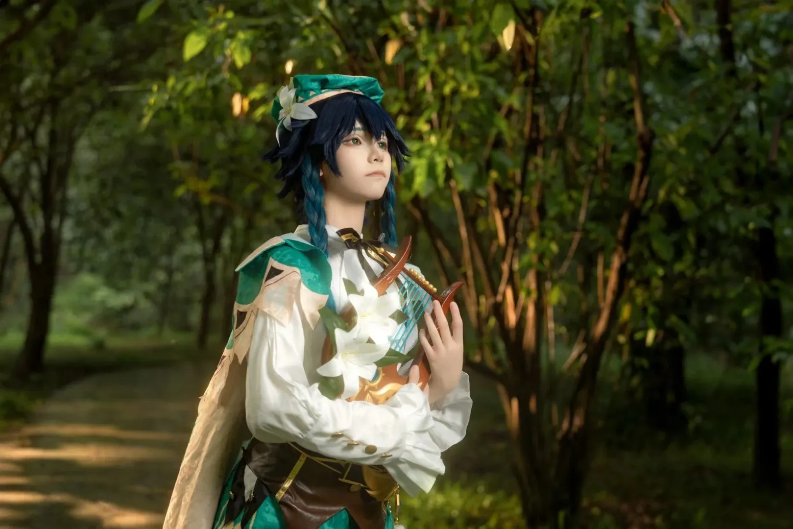Genshin Impact, Forest photography, White stockings, Outdoor photoshoot, Venti cosplay - Image 2