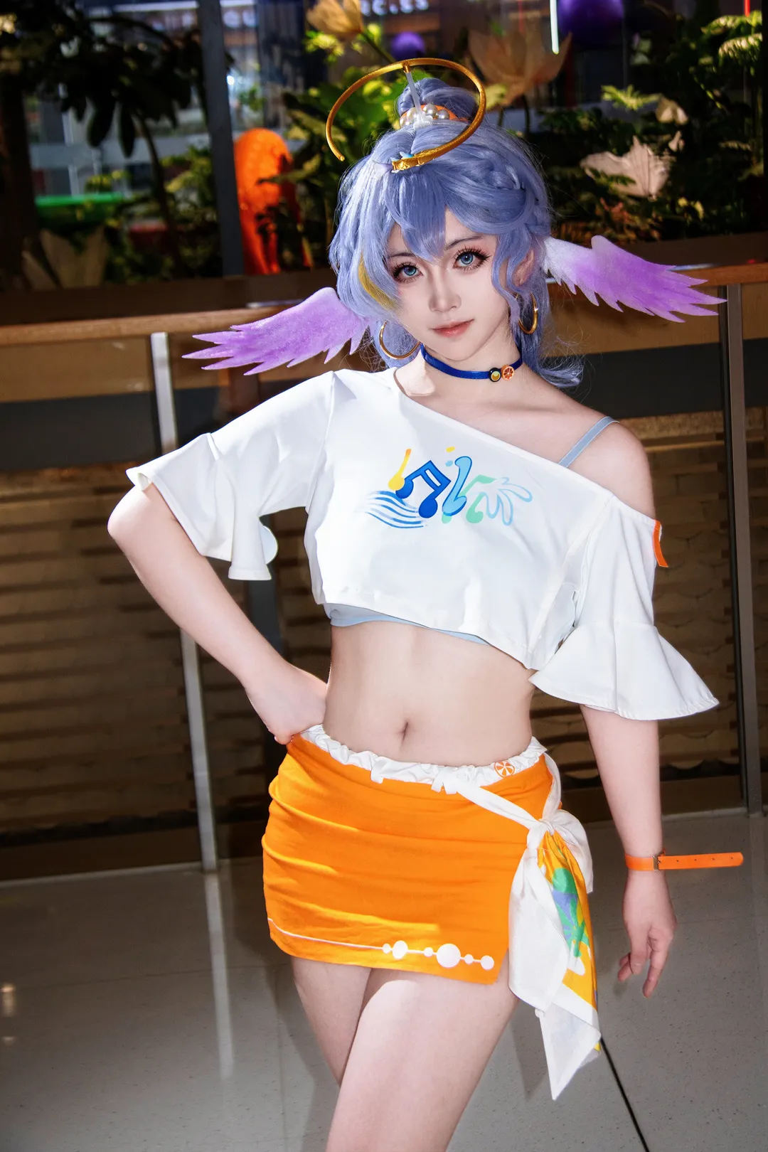cosplay, 知更鸟cos, 蓝色假发, 漫展正片, 露脐装