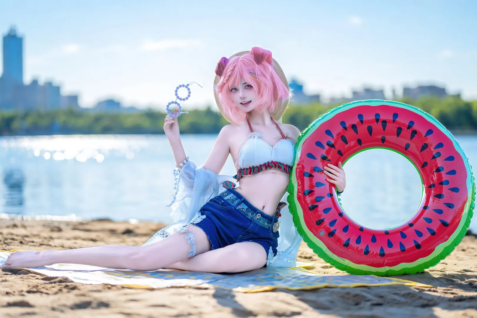 Swimsuit cosplay, Arknights, Cosplay photography, Goldenglow cosplay, Summer location shoot