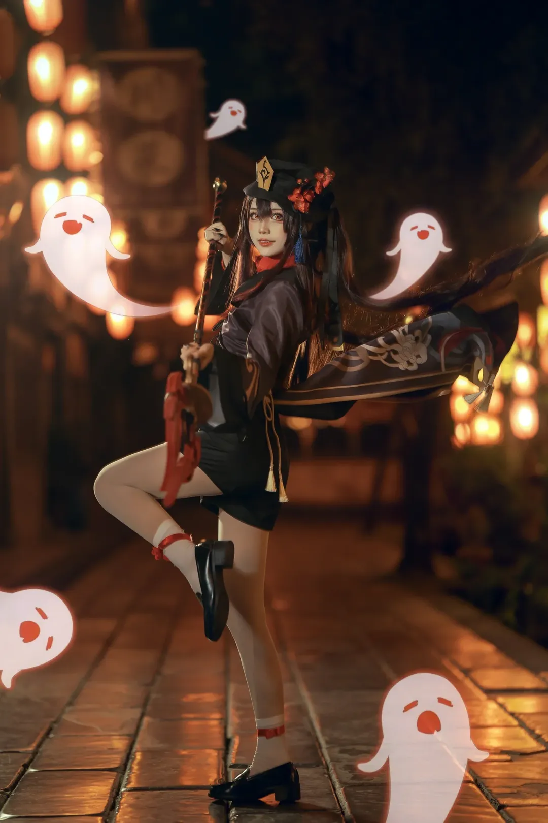 原神, 国风cosplay, 白丝穿搭, 胡桃cos, 锦里夜景
