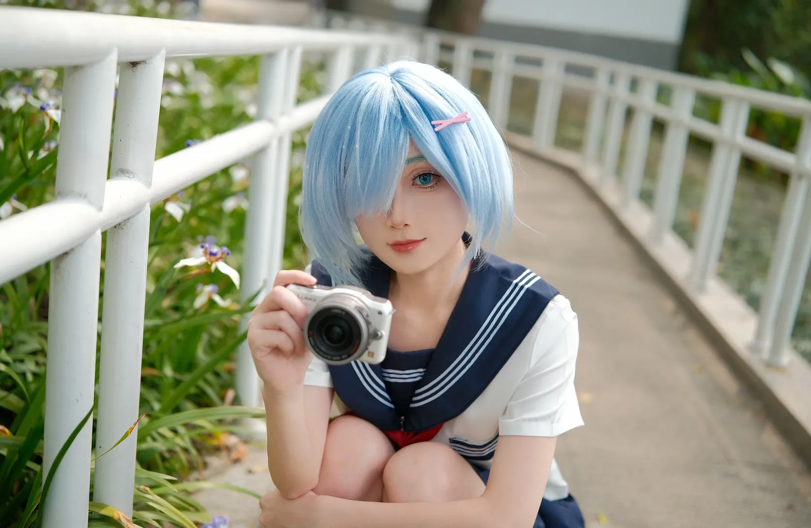 Re:ゼロから始める異世界生活, レム コスプレ, セーラー服, 公園ロケ, 女子学生 - 4枚目