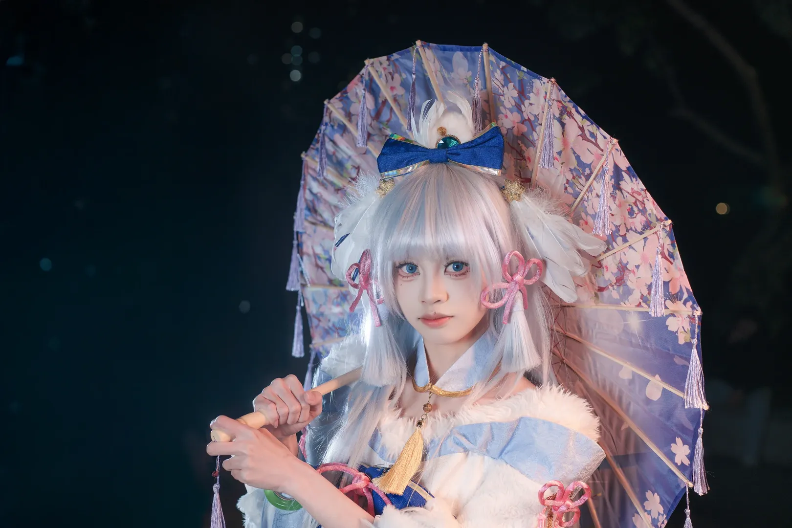 原神, 二次元攝影, 神裡綾華cos, 夜景人像, 白毛少女