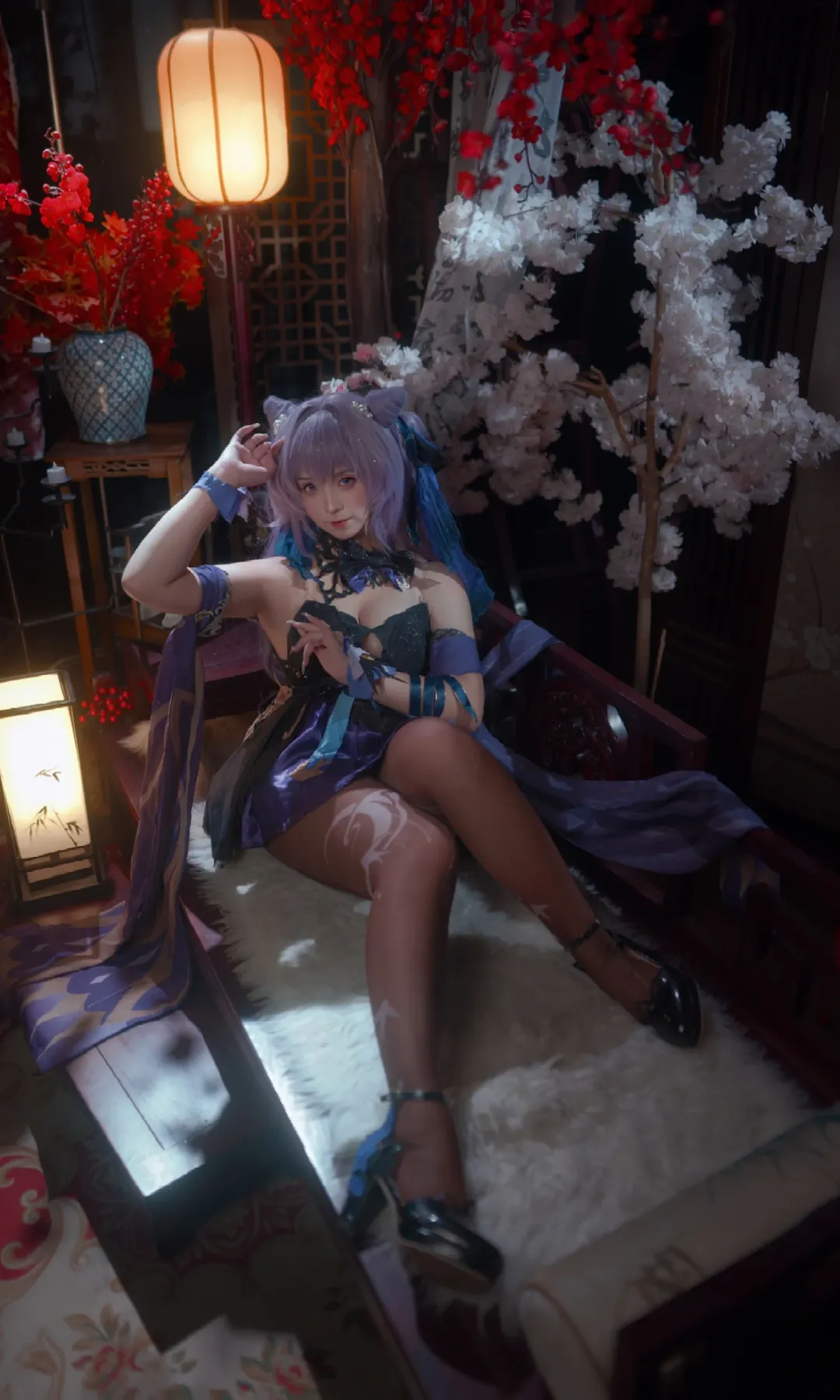 原神, 二次元撮影, 刻晴コスプレ, 黒タイツ コーデ, 古風スタジオ撮影 - 1枚目