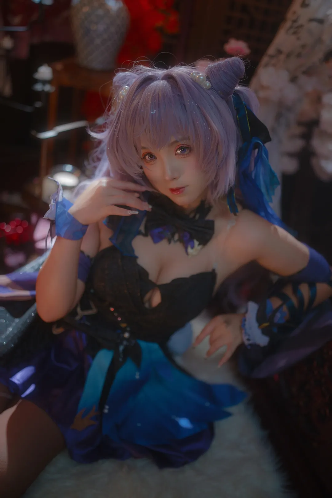 原神, 二次元撮影, 刻晴コスプレ, 黒タイツ コーデ, 古風スタジオ撮影 - 4枚目