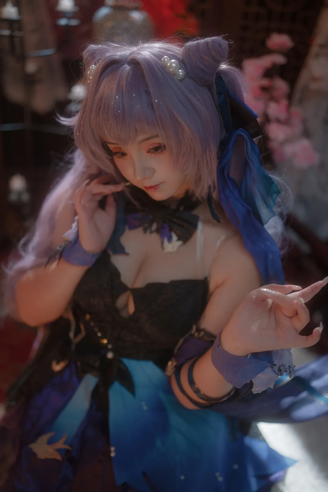 原神, 二次元撮影, 刻晴コスプレ, 黒タイツ コーデ, 古風スタジオ撮影 - 5枚目