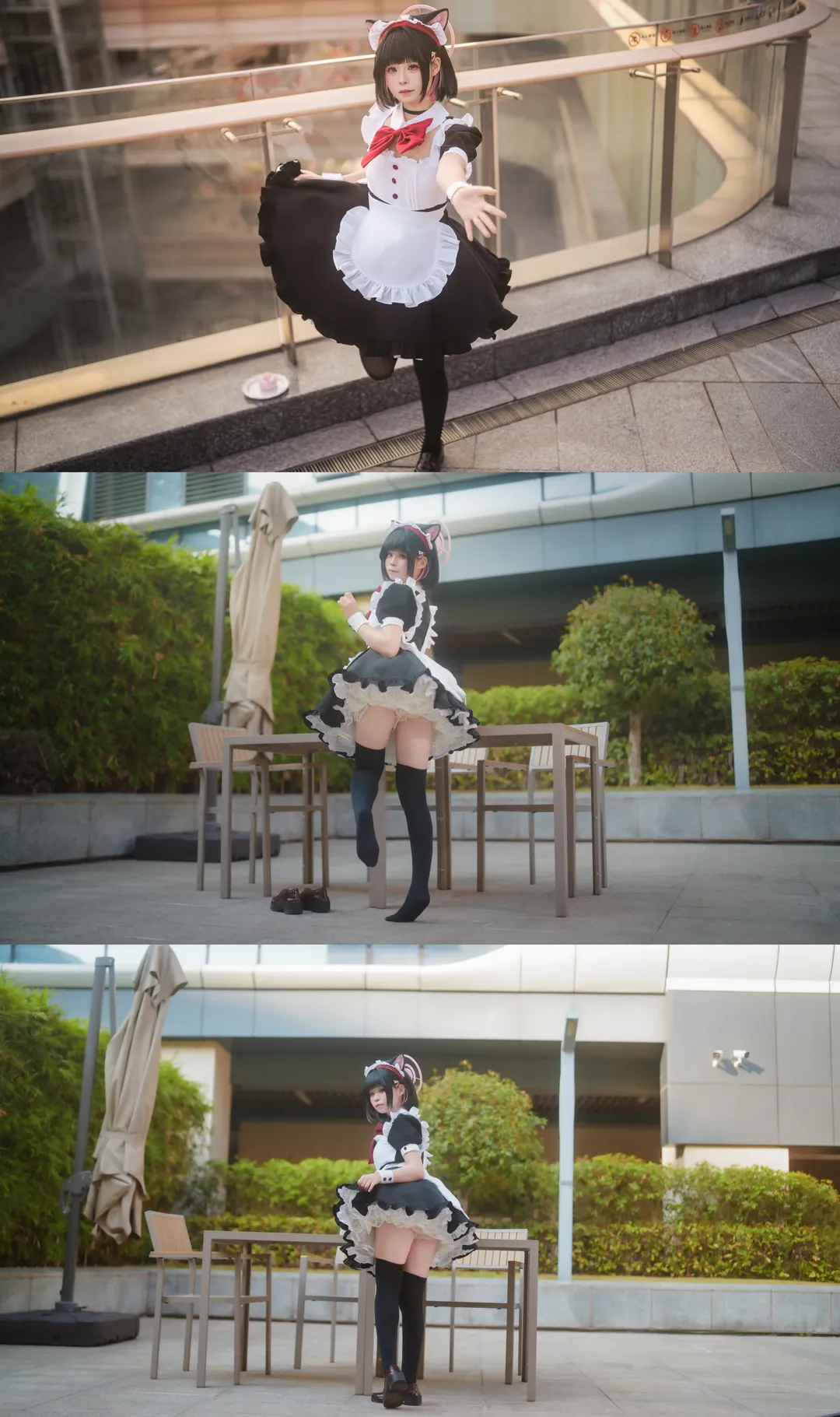 アウトドア撮影, ブルーアーカイブ, 杏山カズサ コスプレ, 二次元ファッション, 黒ストッキングメイド