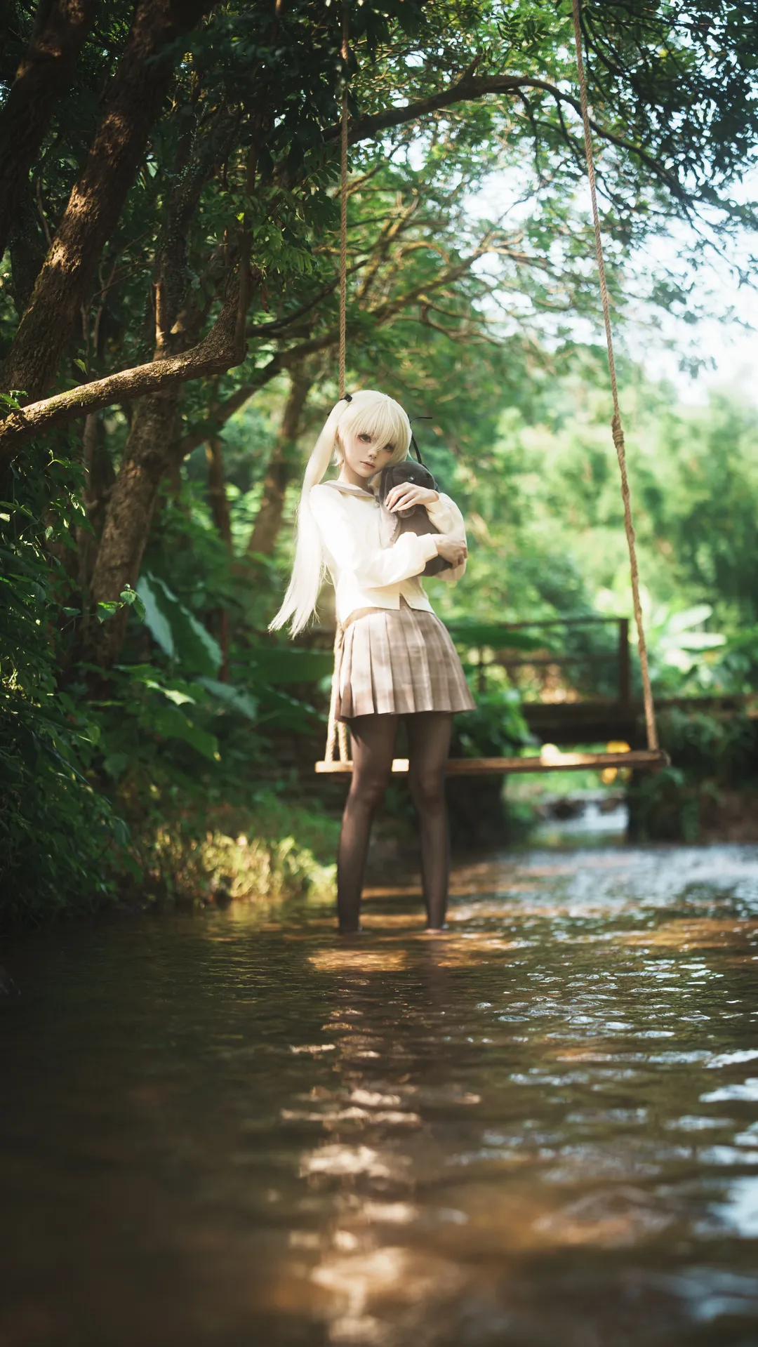 Outdoor photography, Kasugano Sora cosplay, Yosuga no Sora, Black tights outfit, River tracing photography