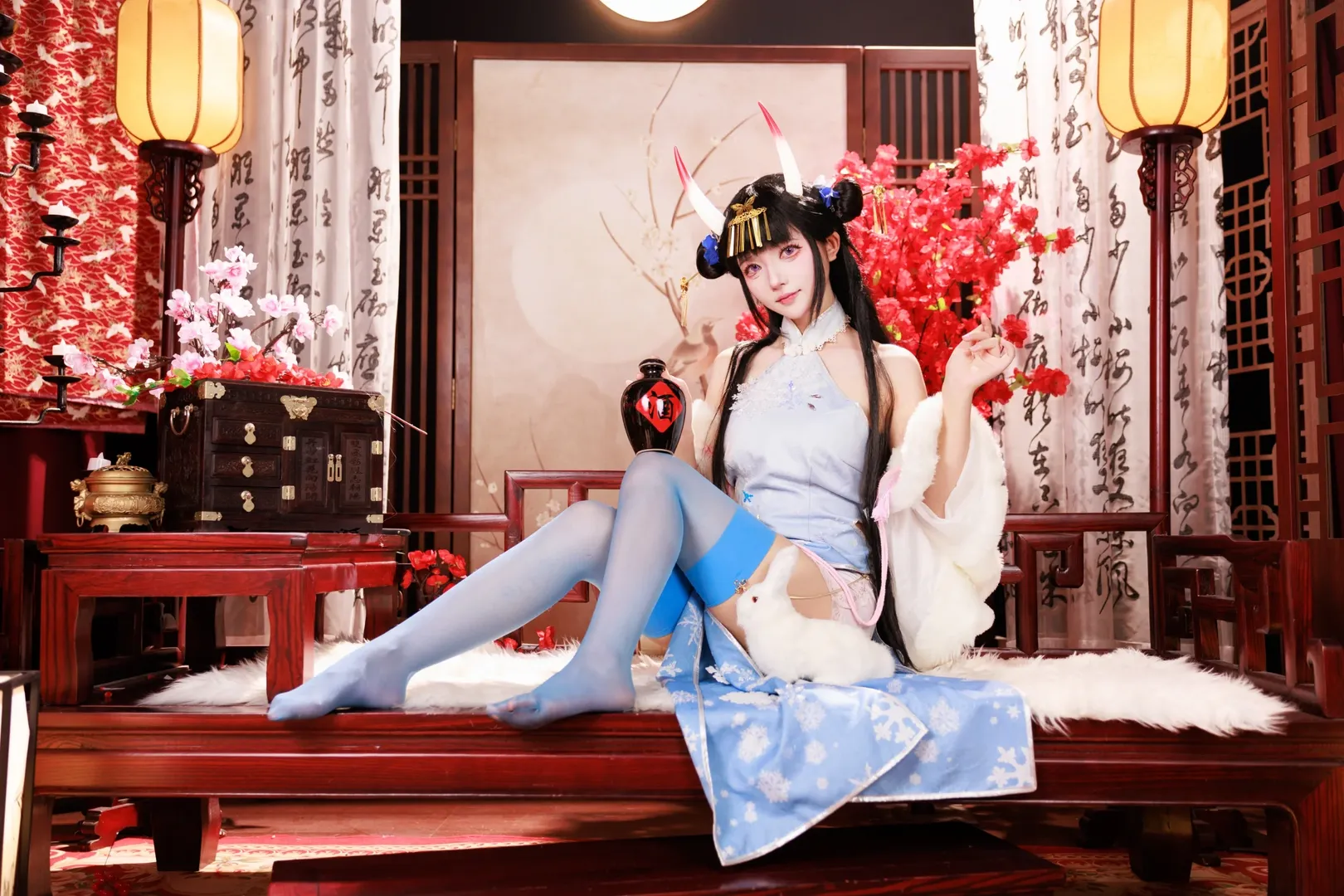 碧蓝航线, 能代cos, 旗袍cosplay, 国风二次元, 浅蓝丝袜