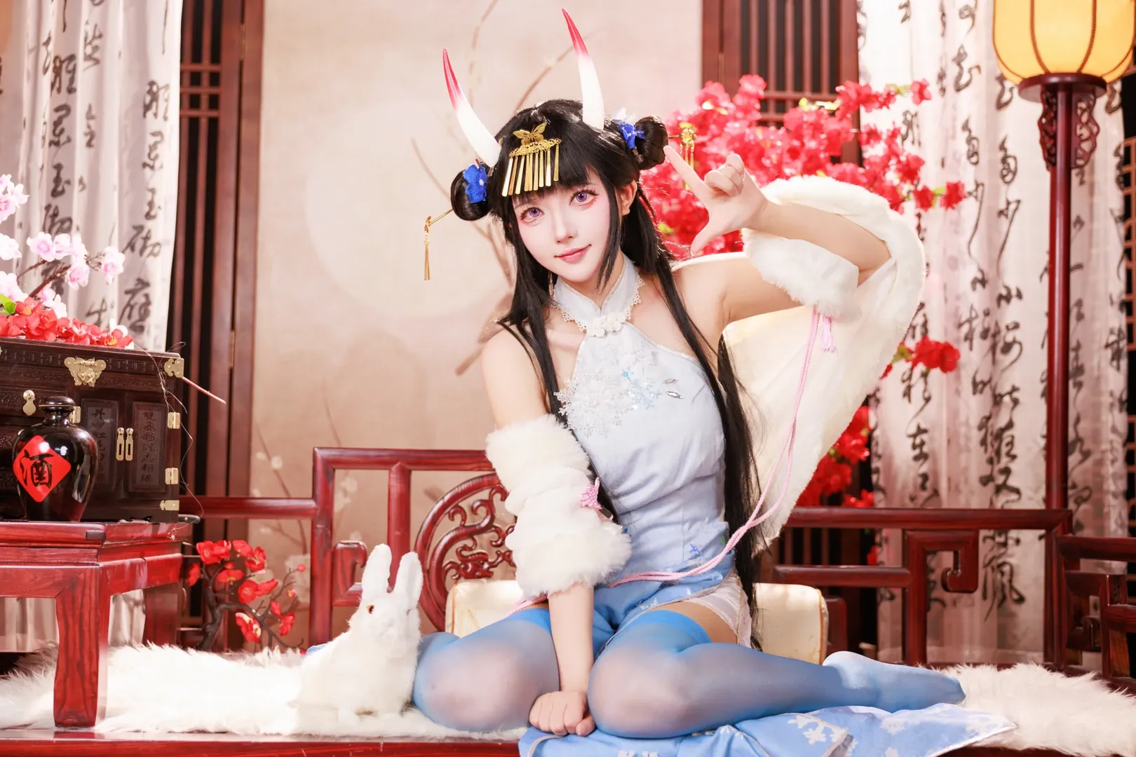 碧蓝航线, 能代cos, 旗袍cosplay, 国风二次元, 浅蓝丝袜 - 第3张