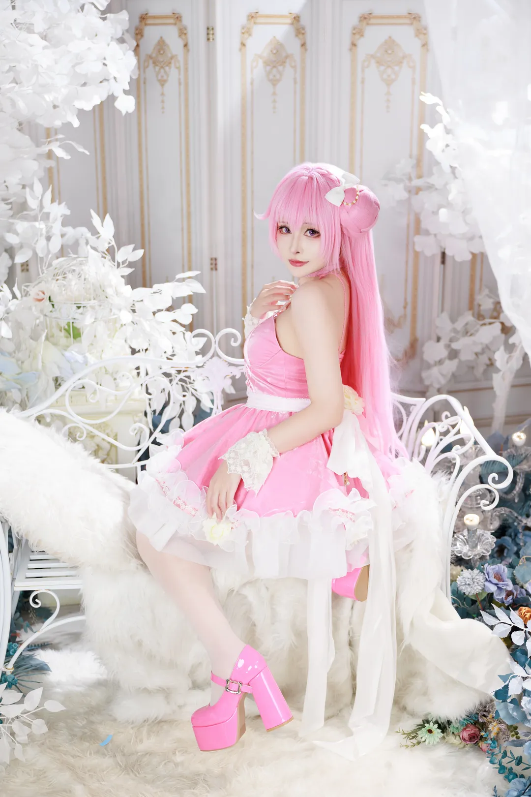 Anime girl, Goddess of Victory: Nikke, Pink wig, White thigh-highs outfit, Dorothy cosplay