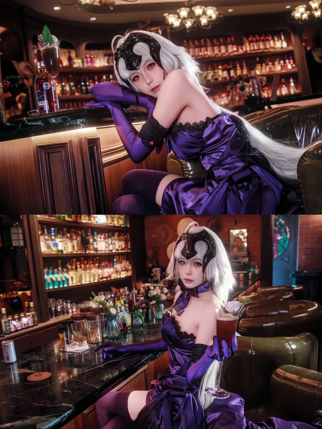 Fate/Grand Order, 紫色のストッキング, 酔いどれ黒ジャンヌコスプレ, ジャンヌ・ダルク・オルタ, バーでの撮影写真 - 1枚目