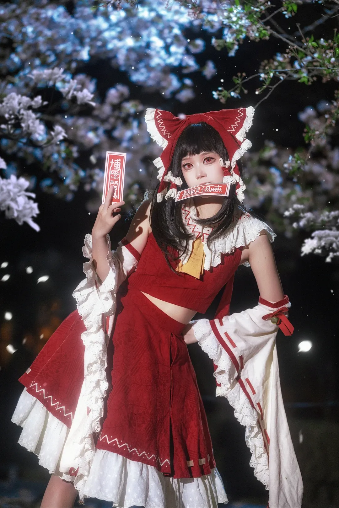 二次元攝影, 博麗靈夢cos, 東方project, 夜櫻, 櫻花夜景 - 第2張