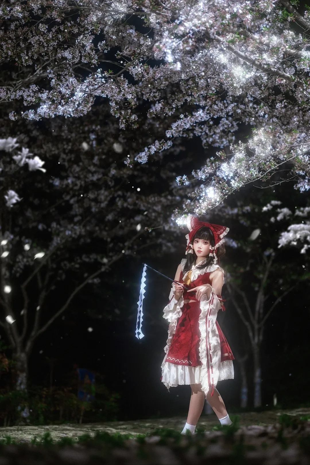 二次元攝影, 博麗靈夢cos, 東方project, 夜櫻, 櫻花夜景 - 第3張