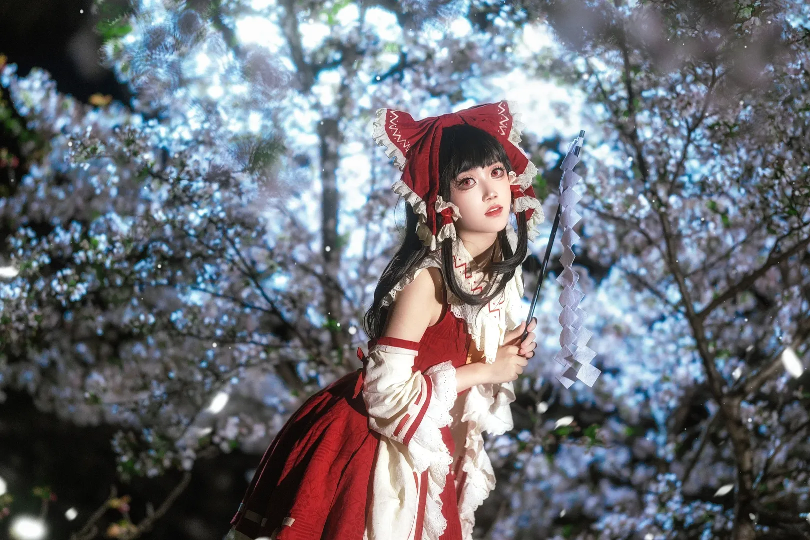 二次元攝影, 博麗靈夢cos, 東方project, 夜櫻, 櫻花夜景 - 第5張