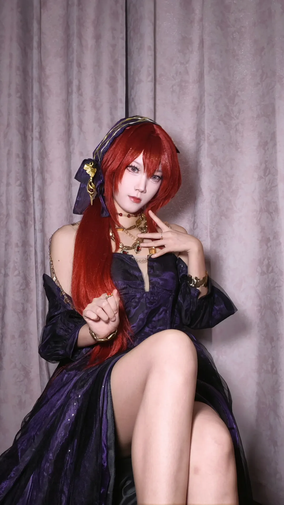 明日方舟, cosplay试妆, 紫裙穿搭, 红发假发, 42姐cos - 第2张
