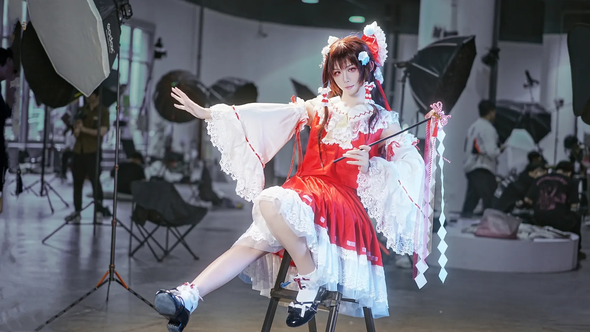 Reimu Hakurei Cosplay, Touhou Project, Red and white shrine maiden, White tights cosplay, Studio cosplay - Image 1