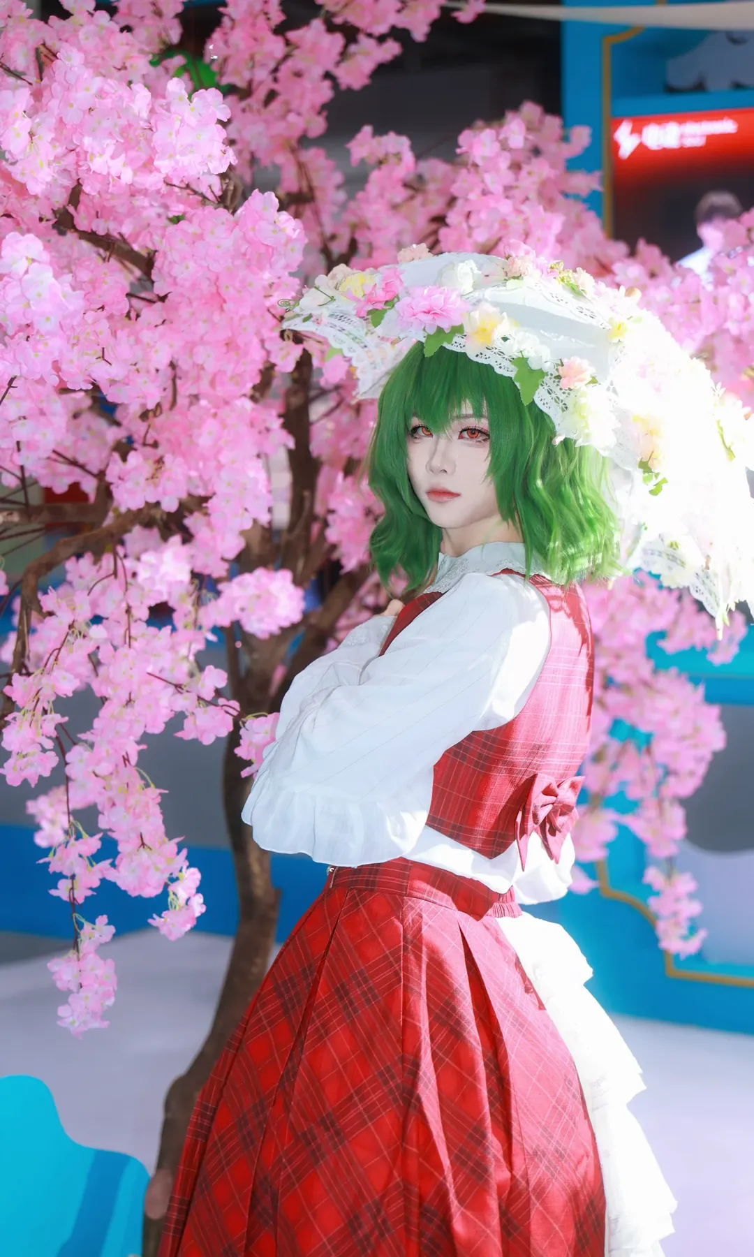 Touhou Project, Cherry blossom background, Convention photography, Kazami Yuuka cosplay, Red plaid dress