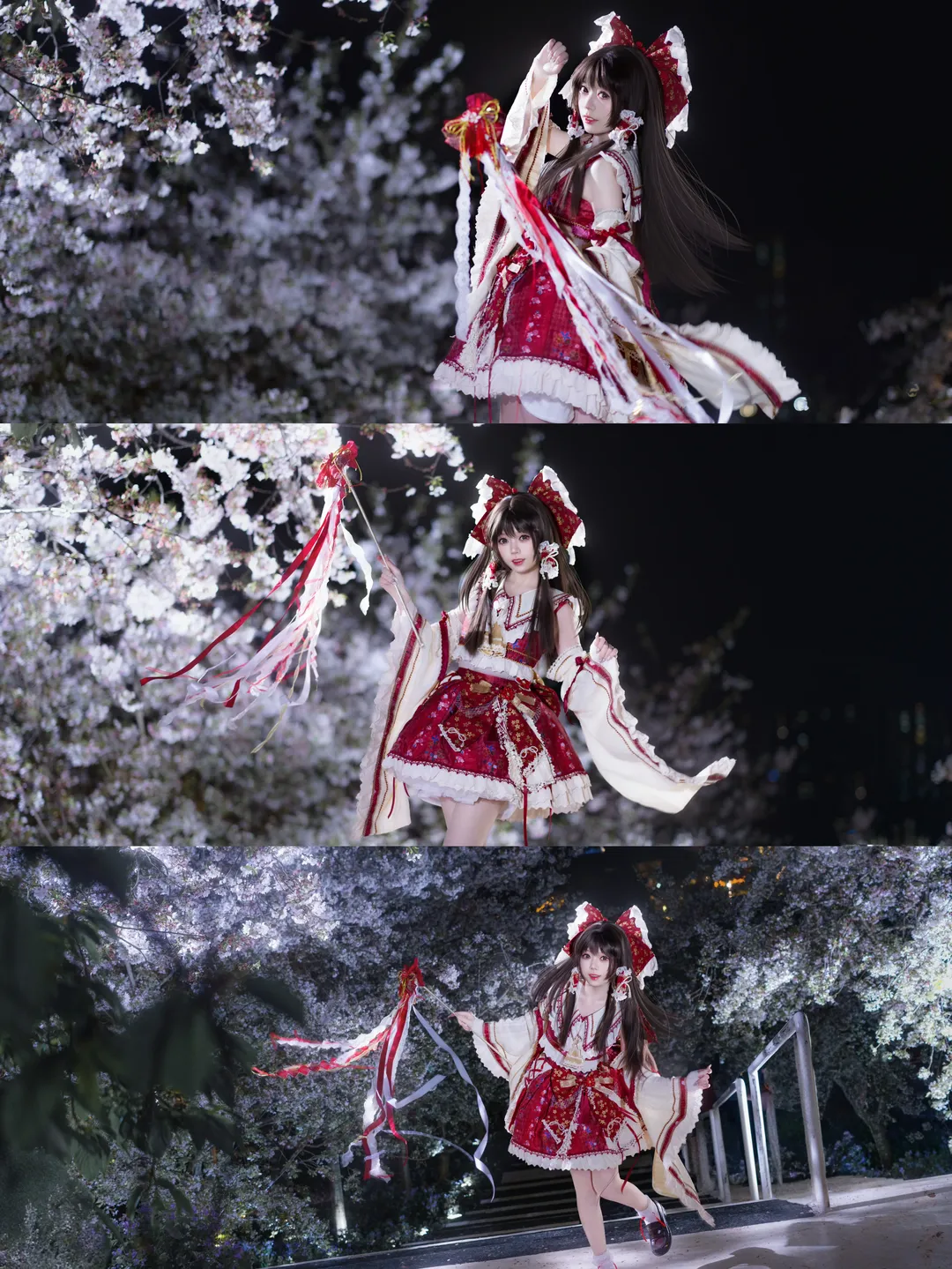 博丽灵梦cos, 东方project, 二次元cosplay, 夜景摄影, 夜樱少女 - 第1张