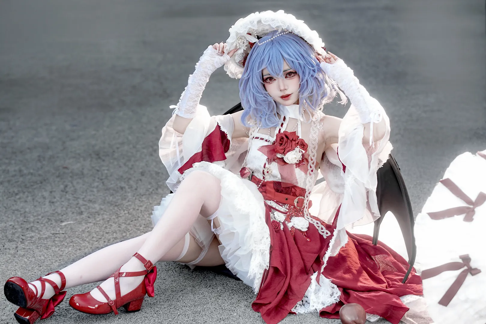 Touhou Project, Gothic style outfit, Remilia Scarlet cosplay, Embodiment of Scarlet Devil, cosplay white tights