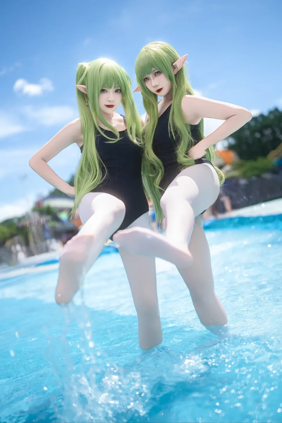 碧蓝档案, 泳池写真, 双子cosplay, 铁道双子cos, 白色丝袜