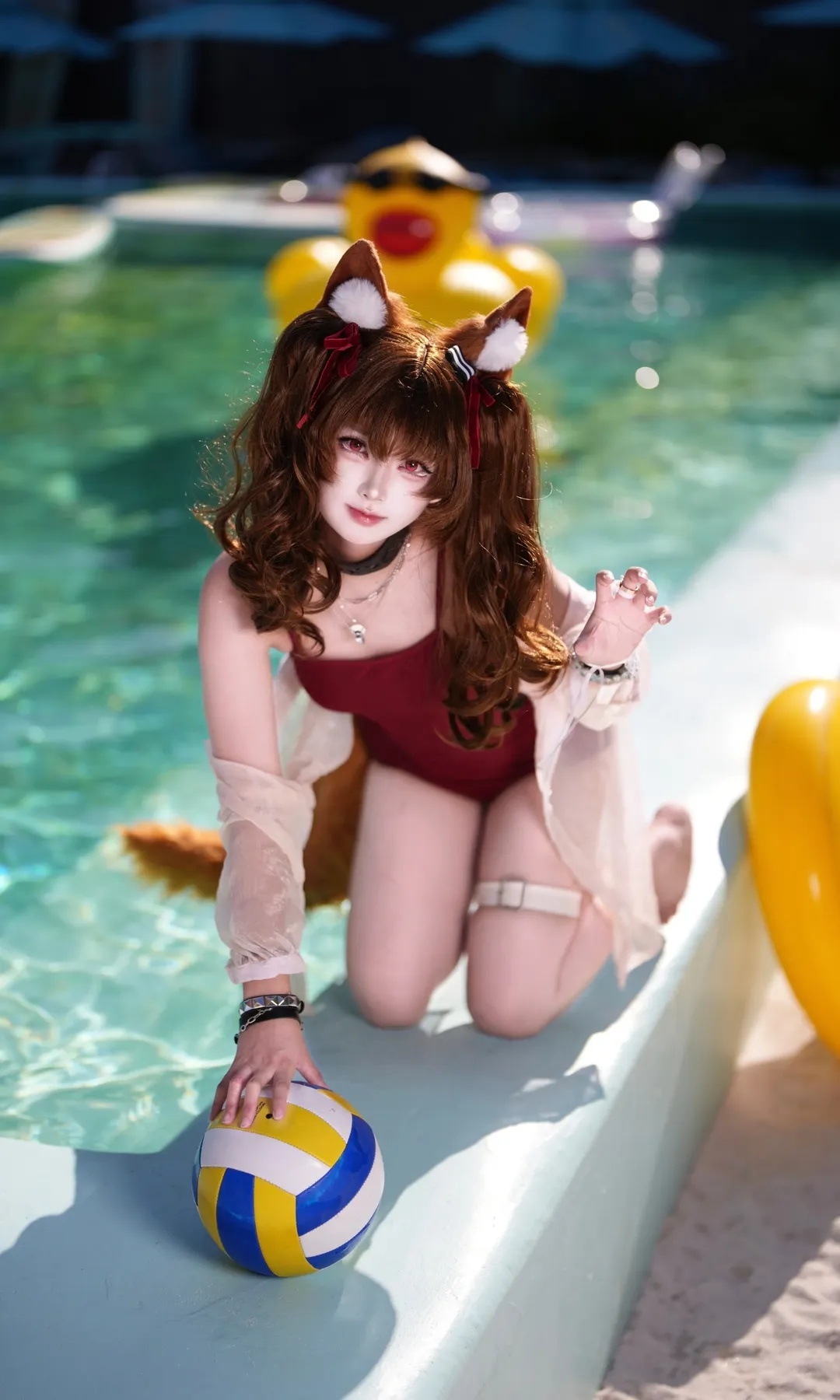 明日方舟, 泳装cosplay, 夏日写真, 兽耳少女, 安洁莉娜cos