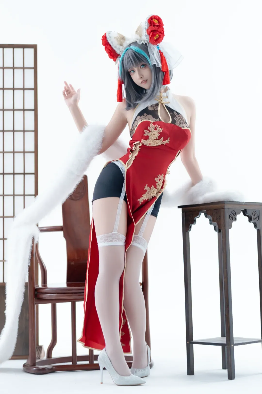 チェシャー コスプレ, アズールレーン, コスプレ日常, 白ストッキングチャイナドレス, 平面撮影
