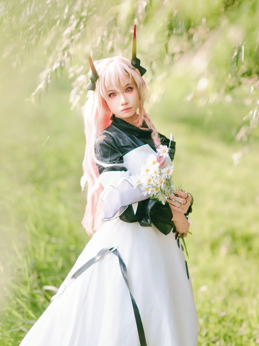 Anime girl, Outdoor photography, Arknights, Theresa Cosplay, White thigh-highs outfit - Image 1