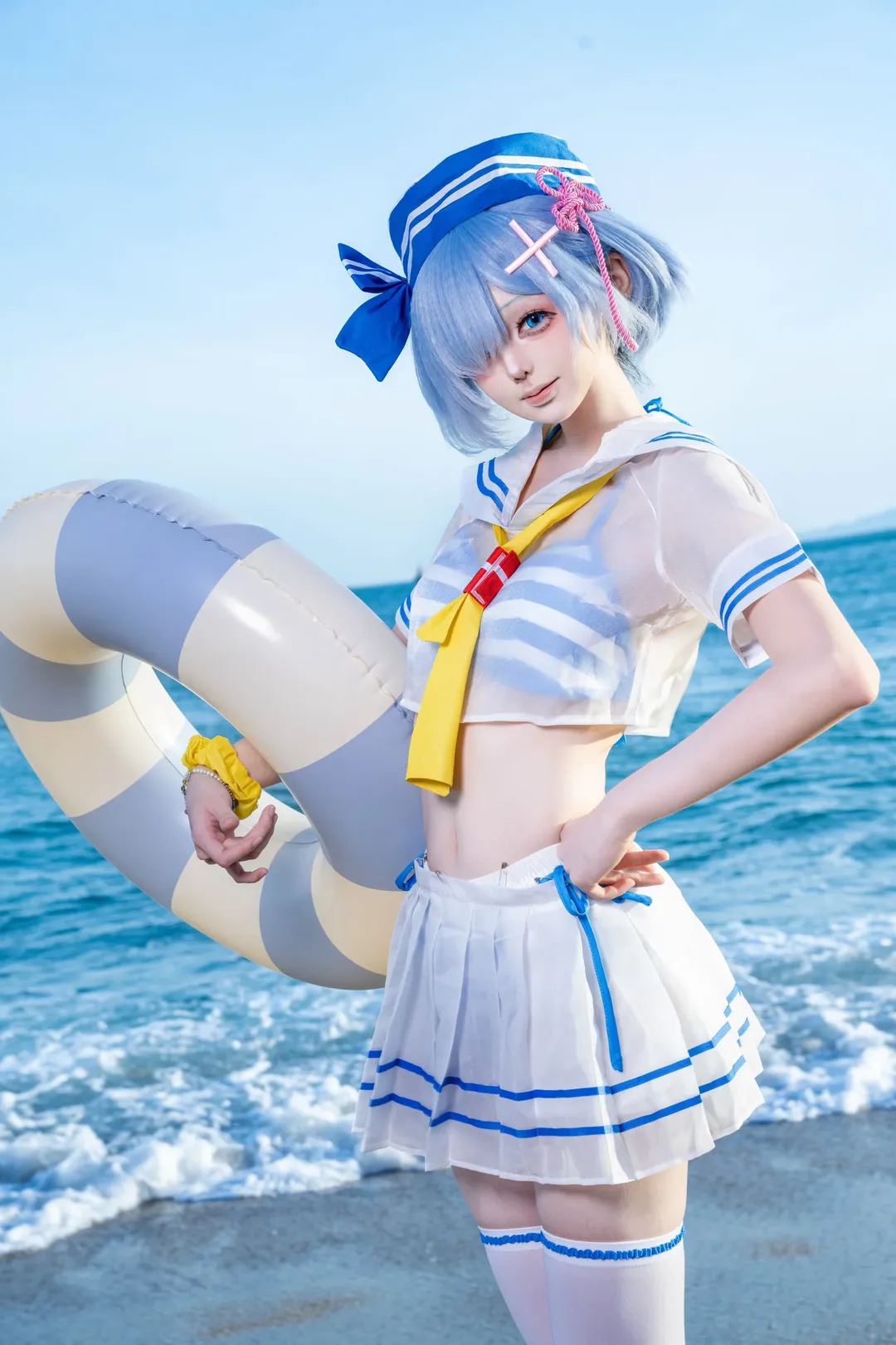 蕾姆cos, 白丝, 水手服, 夏日, 海风