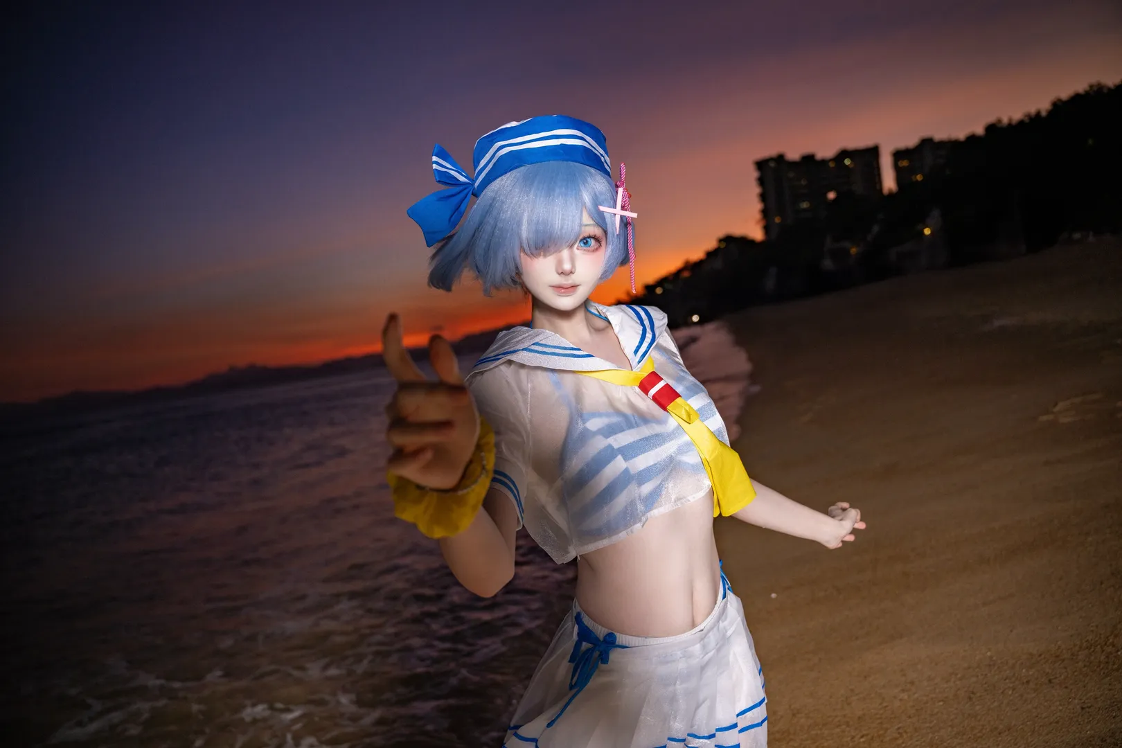 蕾姆cos, 白絲, 海濱cos, 水手服少女, 晚霞寫真