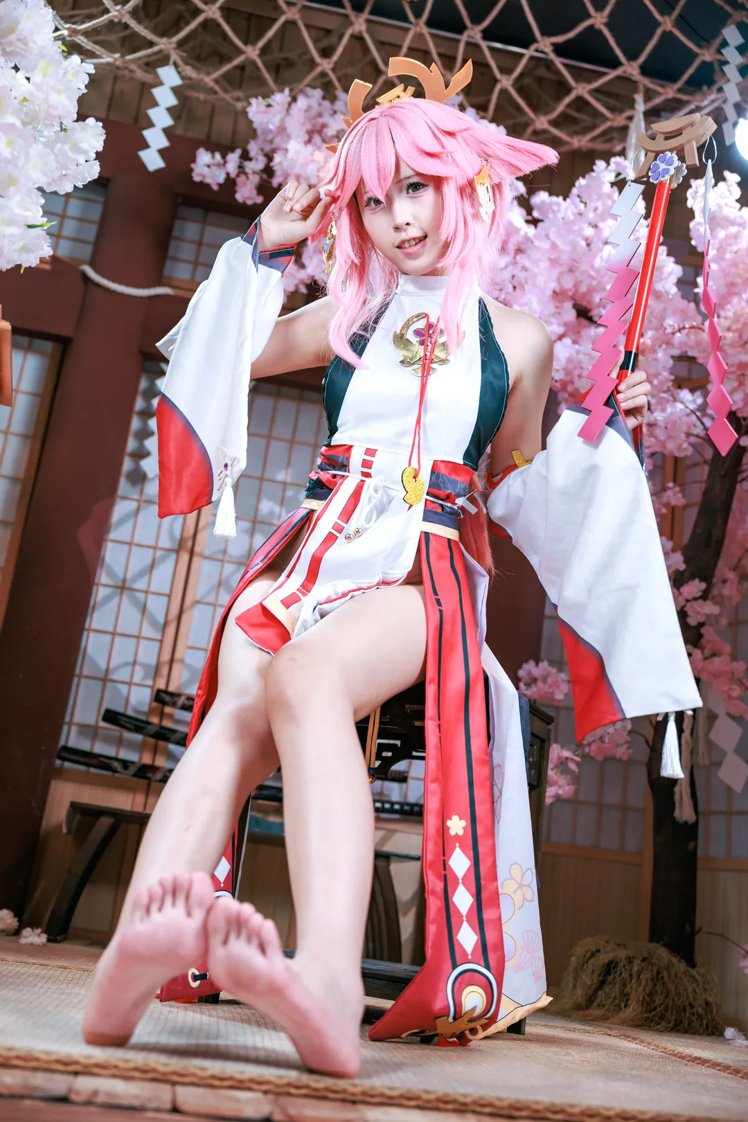 Genshin Impact, Cherry blossom background, Anime cosplay, Yae Miko cosplay, Japanese style shrine maiden