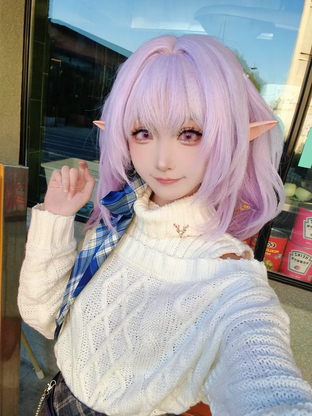 Honkai: Star Rail, Castorice cosplay, Outdoor photography, Elf ear style, Off-shoulder sweater