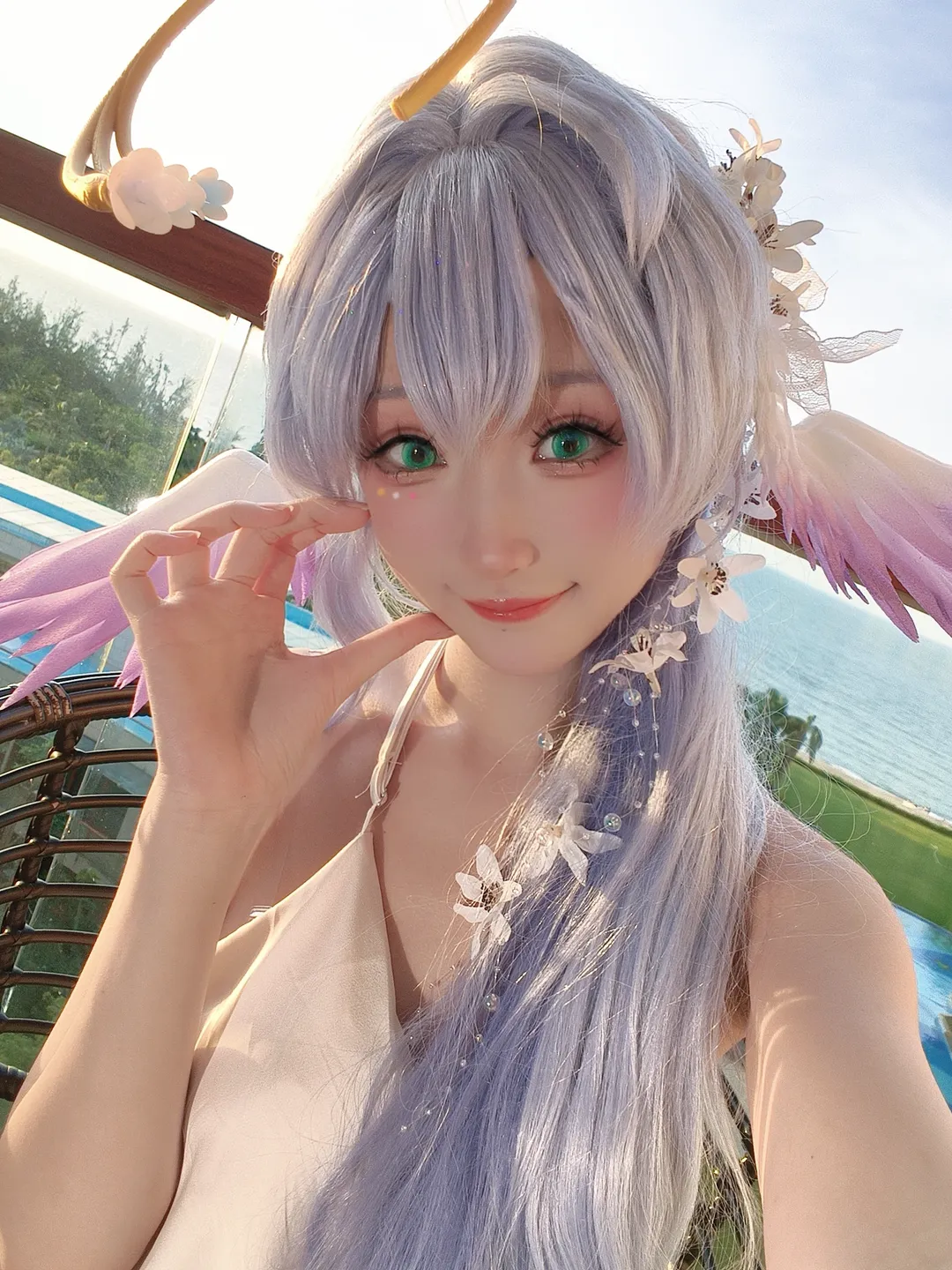 Honkai: Star Rail, Robin cosplay, Fan-made design cosplay, Outdoor ocean view, Light-colored wig